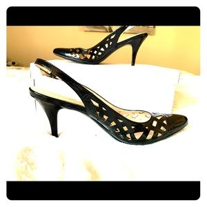 Black patent sling back heels